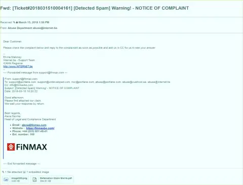 Аналогичная жалоба на официальный интернет-портал FiN Max пришла и регистратору домена