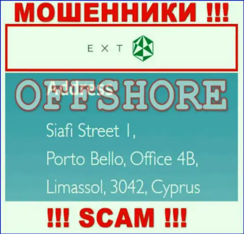 Siafi Street 1, Porto Bello, Office 4B, Limassol, 3042, Cyprus - это юридический адрес конторы EXT, расположенный в офшорной зоне