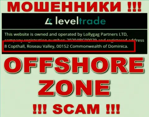 Очень рискованно работать, с такого рода интернет мошенниками, как контора Level Trade, т.к. засели они в офшоре - 8 Copthall, Roseau Valley, 00152, Commonwealth of Dominika