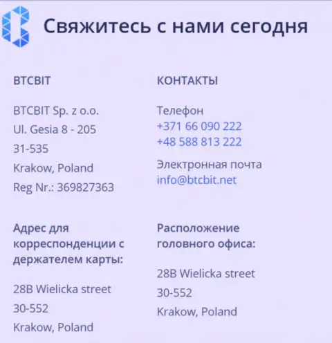 Контактные сведения online-обменника BTCBIT Sp. z.o.o