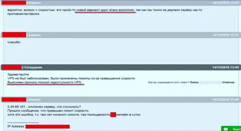 Переписка со службой технической поддержки хостера, где базировался web-сервис ffin.xyz относительно ситуации с нарушением в работе сервера