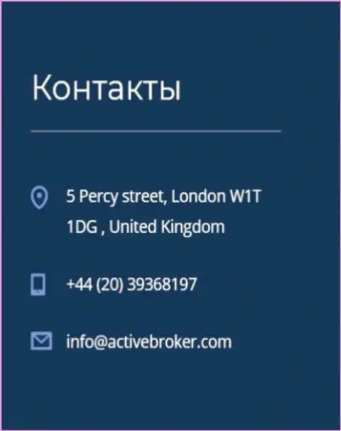 Адрес центрального офиса ФОРЕКС дилинговой организации Актив Брокер, показанный на официальном web-ресурсе данного форекс брокера